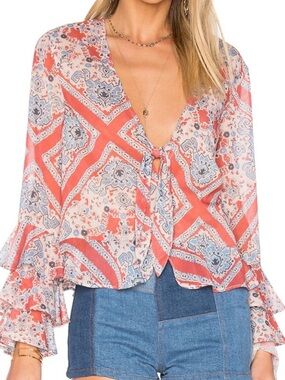 Tularosa Women's Winnie Peasant Blouse Tie Front Ruffle Bell Sleeve XS